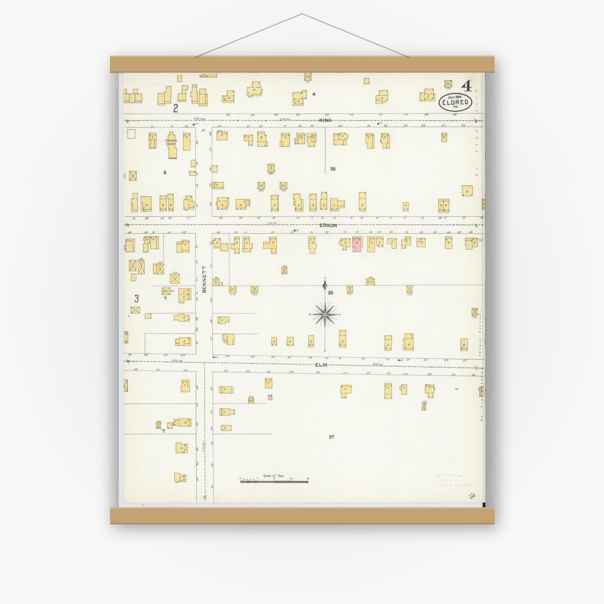 Old map wall art mockup — magnetic wood frame on white wall — Sanborn Fire Insurance Map from Eldred, McKean County, Pennsylvania (1904), Sheet #0004