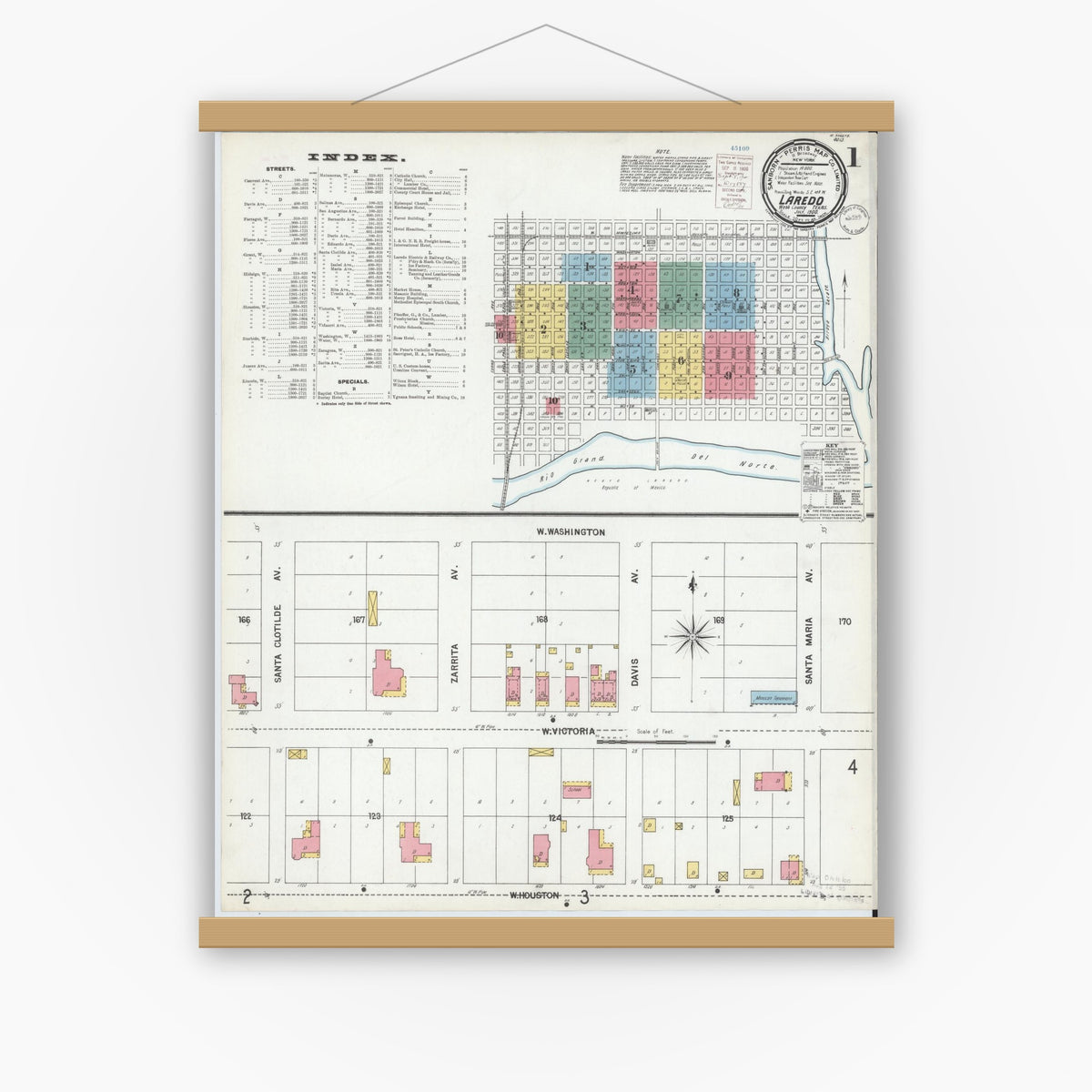 Old map wall art mockup — magnetic wood frame on white wall — Sanborn Fire Insurance Map from Laredo, Webb County, Texas (1900), Sheet #0001