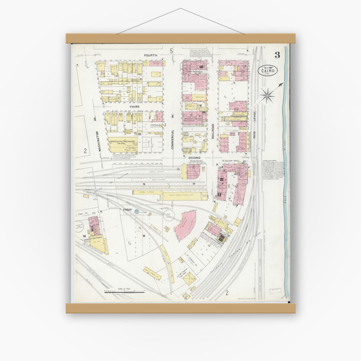 Old map wall art mockup — magnetic wood frame on white wall — Sanborn Fire Insurance Map from Cairo, Alexander County, Illinois (1907), Sheet #0003