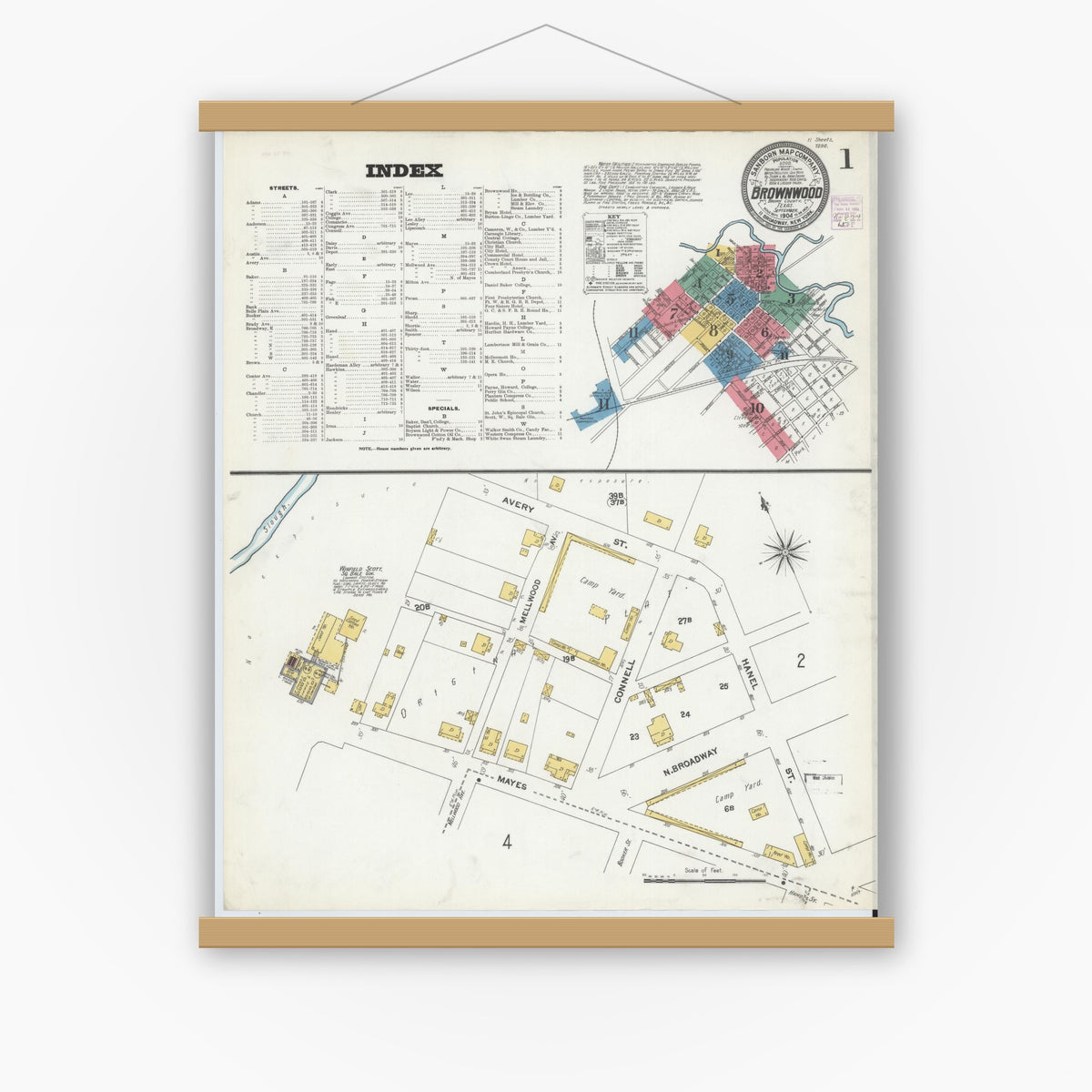 Old map wall art mockup — magnetic wood frame on white wall — Sanborn Fire Insurance Map from Brownwood, Brown County, Texas (1904) - Complete Map Set
