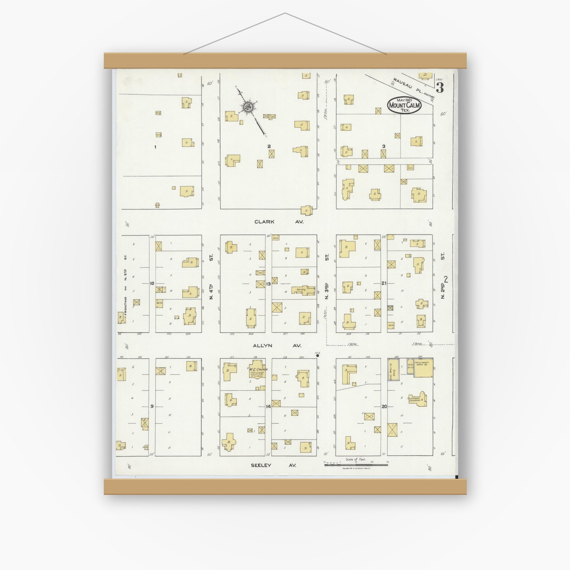 Old map wall art mockup — magnetic wood frame on white wall — Sanborn Fire Insurance Map from Mount Calm, Hill County, Texas (1921), Sheet #0003