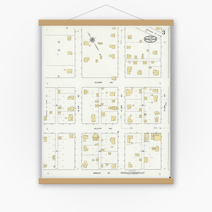 Old map wall art mockup — magnetic wood frame on white wall — Sanborn Fire Insurance Map from Mount Calm, Hill County, Texas (1921), Sheet #0003