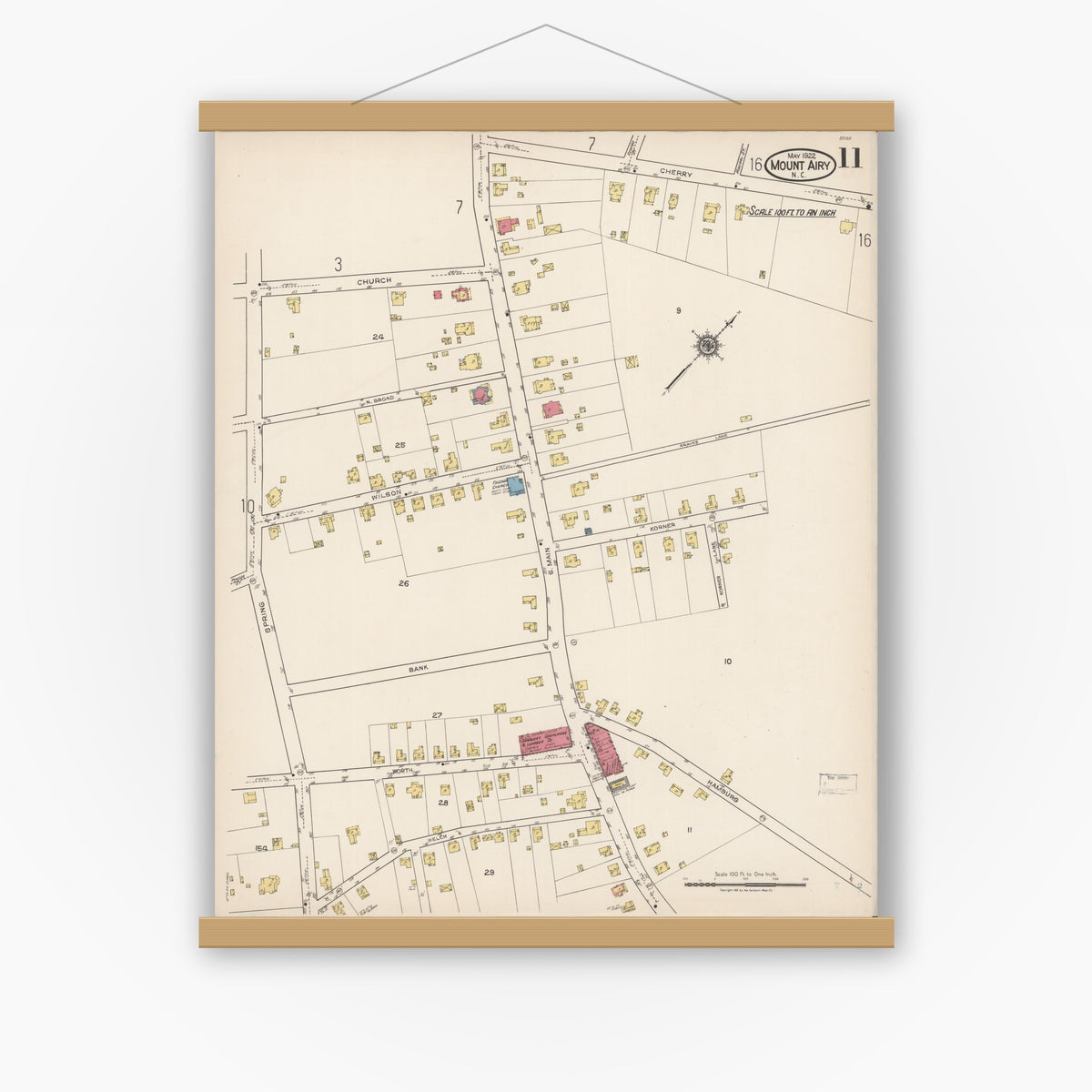 Old map wall art mockup — magnetic wood frame on white wall — Sanborn Fire Insurance Map from Mount Airy, Surry County, North Carolina (1922), Sheet #0011