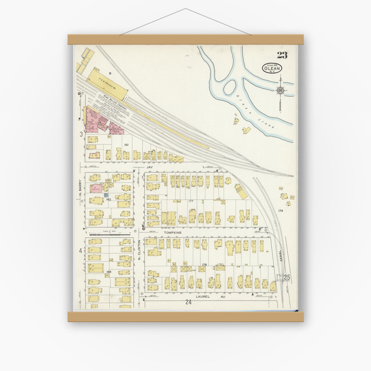 Old map wall art mockup — magnetic wood frame on white wall — Sanborn Fire Insurance Map from Olean, Cattaraugus County, New York (1915), Sheet #0023