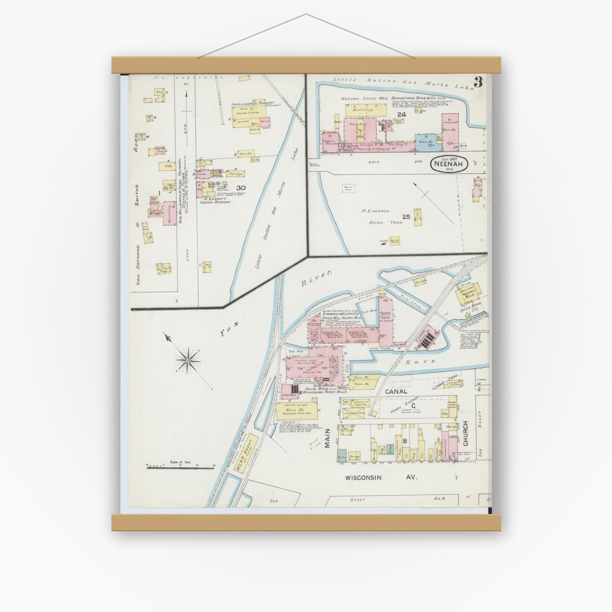 Old map wall art mockup — magnetic wood frame on white wall — Sanborn Fire Insurance Map from Neenah, Winnebago County, Wisconsin (1887), Sheet #0003