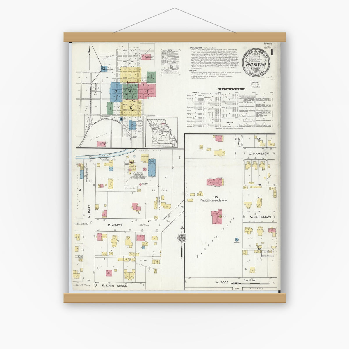 Old map wall art mockup — magnetic wood frame on white wall — Sanborn Fire Insurance Map from Palmyra, Marion County, Missouri (1916), Sheet #0001