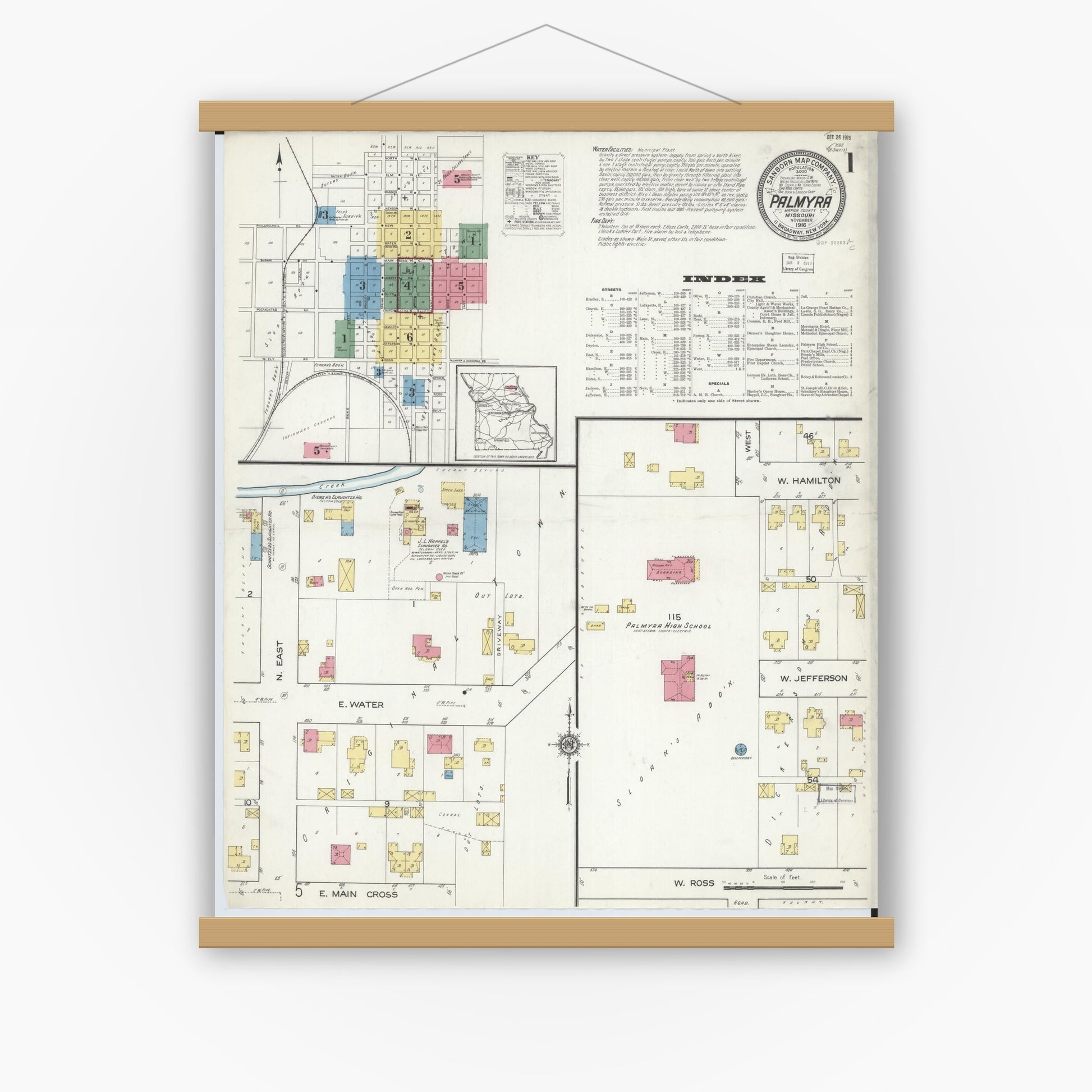 Old map wall art mockup — magnetic wood frame on white wall — Sanborn Fire Insurance Map from Palmyra, Marion County, Missouri (1916), Sheet #0001