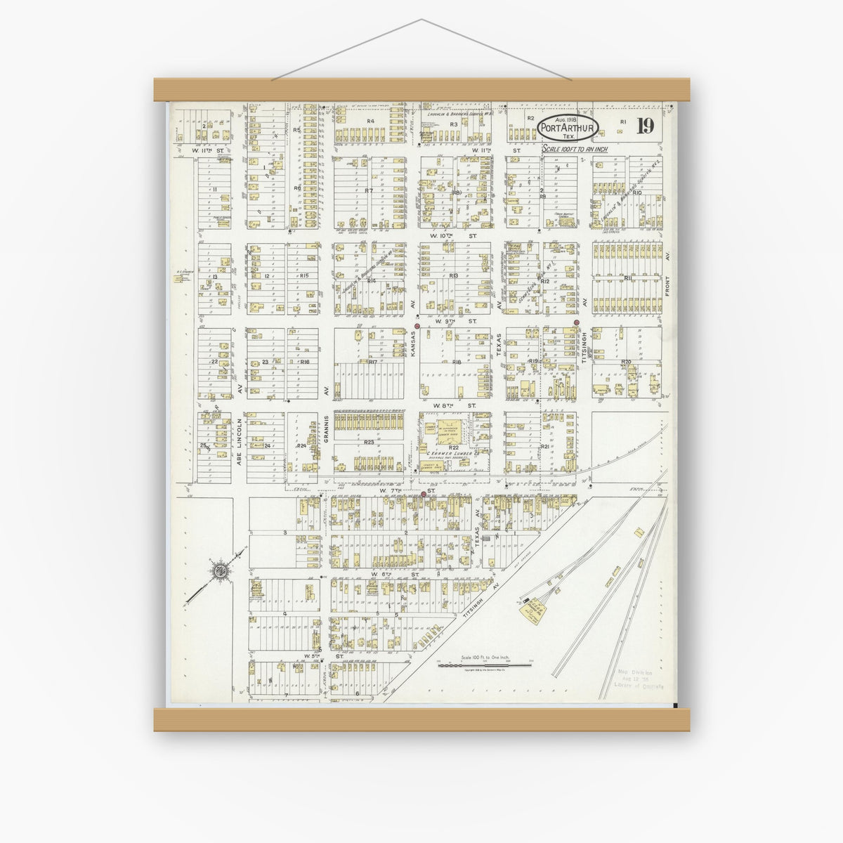 Old map wall art mockup — magnetic wood frame on white wall — Sanborn Fire Insurance Map from Port Arthur, Jefferson County, Texas (1918), Sheet #0019
