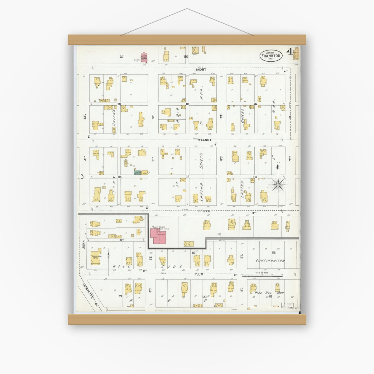 Old map wall art mockup — magnetic wood frame on white wall — Sanborn Fire Insurance Map from Frankton, Madison County, Indiana (1900), Sheet #0004