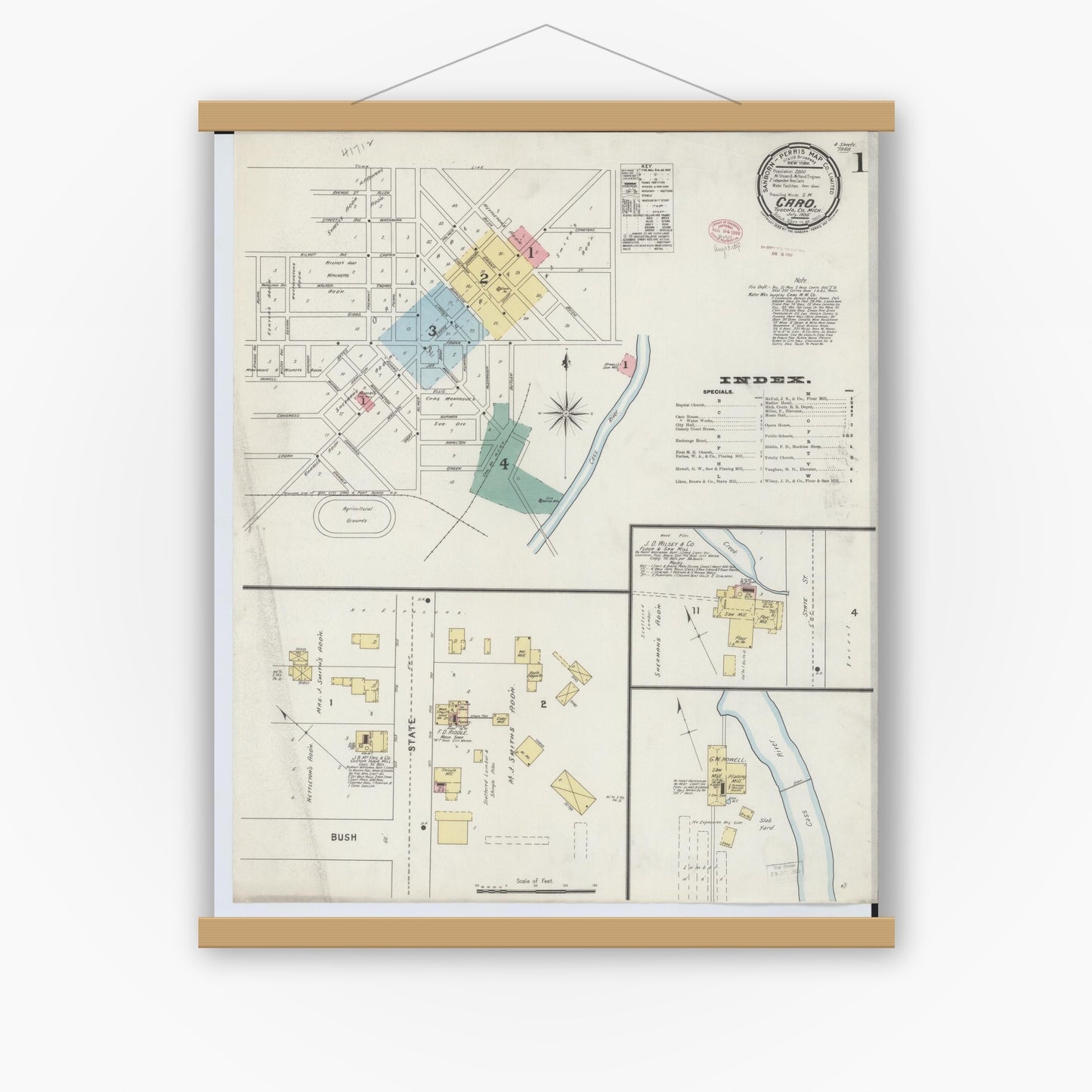 Old map wall art mockup — magnetic wood frame on white wall — Sanborn Fire Insurance Map from Caro, Tuscola County, Michigan (1895), Sheet #0001