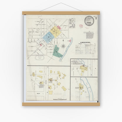 Old map wall art mockup — magnetic wood frame on white wall — Sanborn Fire Insurance Map from Caro, Tuscola County, Michigan (1895), Sheet #0001