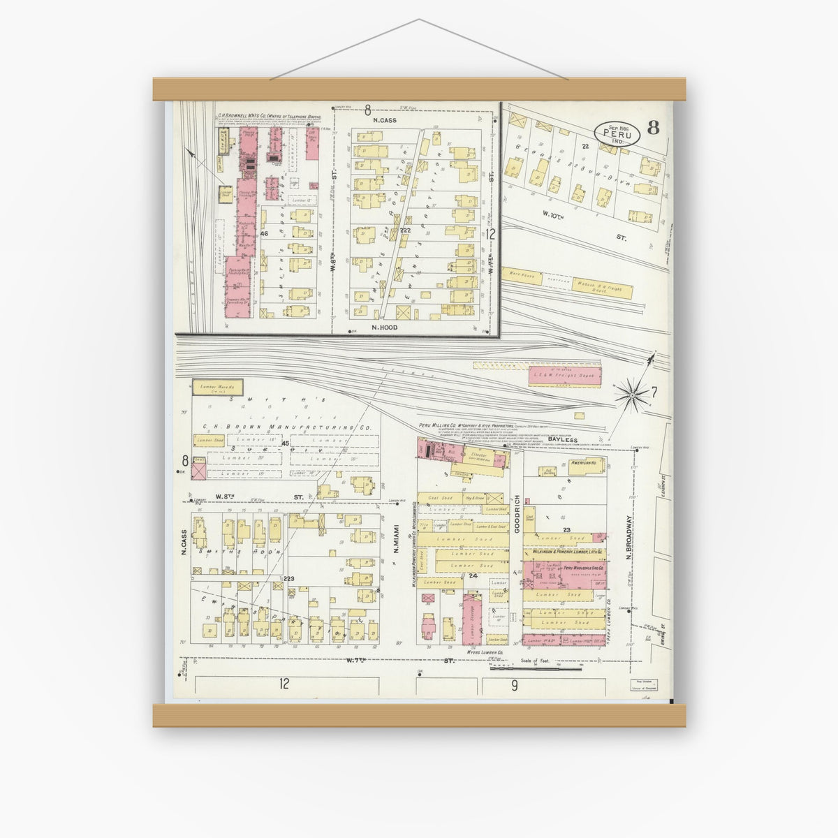 Old map wall art mockup — magnetic wood frame on white wall — Sanborn Fire Insurance Map from Peru, Miami County, Indiana (1906), Sheet #0008