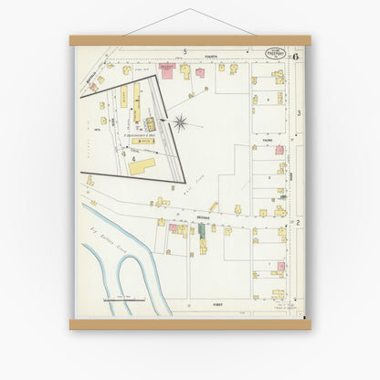 Old map wall art mockup — magnetic wood frame on white wall — Sanborn Fire Insurance Map from Freeport, Armstrong County, Pennsylvania (1902), Sheet #0006