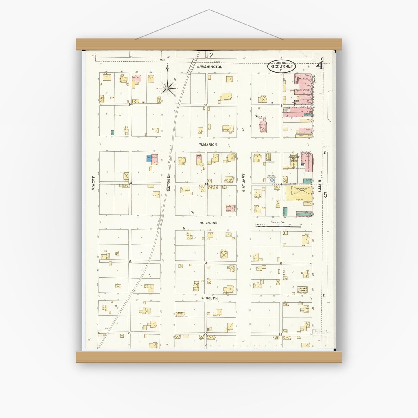 Old map wall art mockup — magnetic wood frame on white wall — Sanborn Fire Insurance Map from Sigourney, Kiokuk County, Iowa (1906), Sheet #0004
