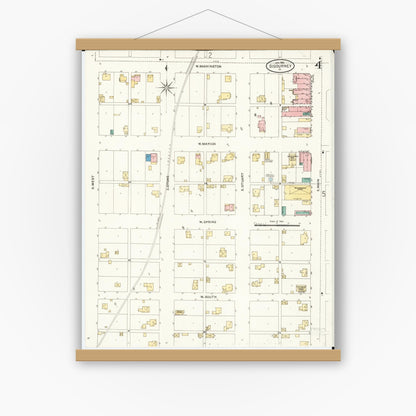 Old map wall art mockup — magnetic wood frame on white wall — Sanborn Fire Insurance Map from Sigourney, Kiokuk County, Iowa (1906), Sheet #0004