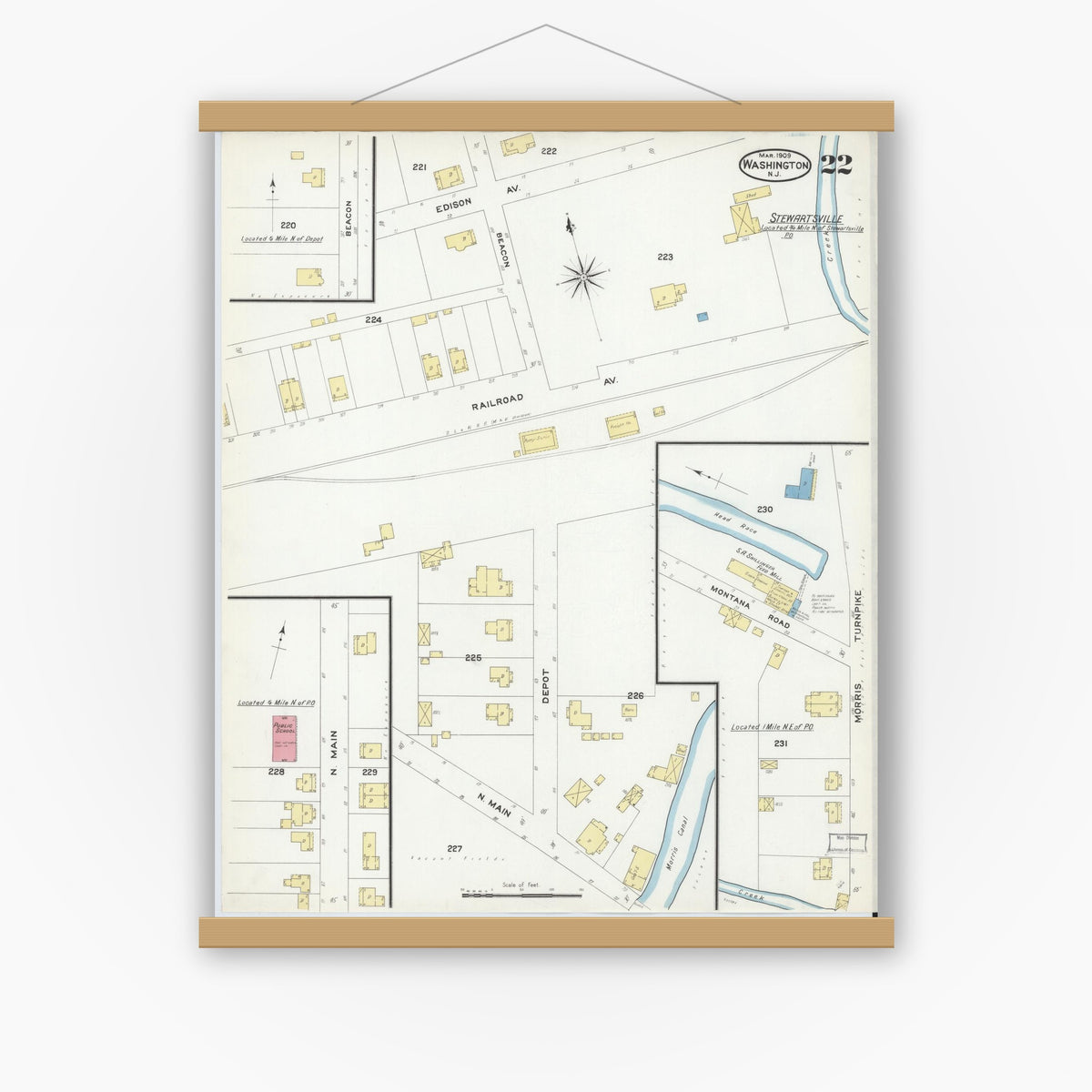 Old map wall art mockup — magnetic wood frame on white wall — Sanborn Fire Insurance Map from Washington, Warren County, New Jersey (1909), Sheet #0022
