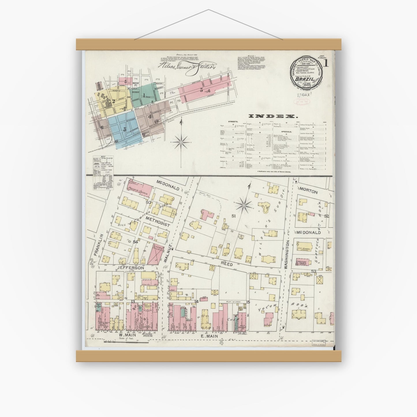 Old map wall art mockup — magnetic wood frame on white wall — Sanborn Fire Insurance Map from Brazil, Clay County, Indiana (1892) - Complete Map Set
