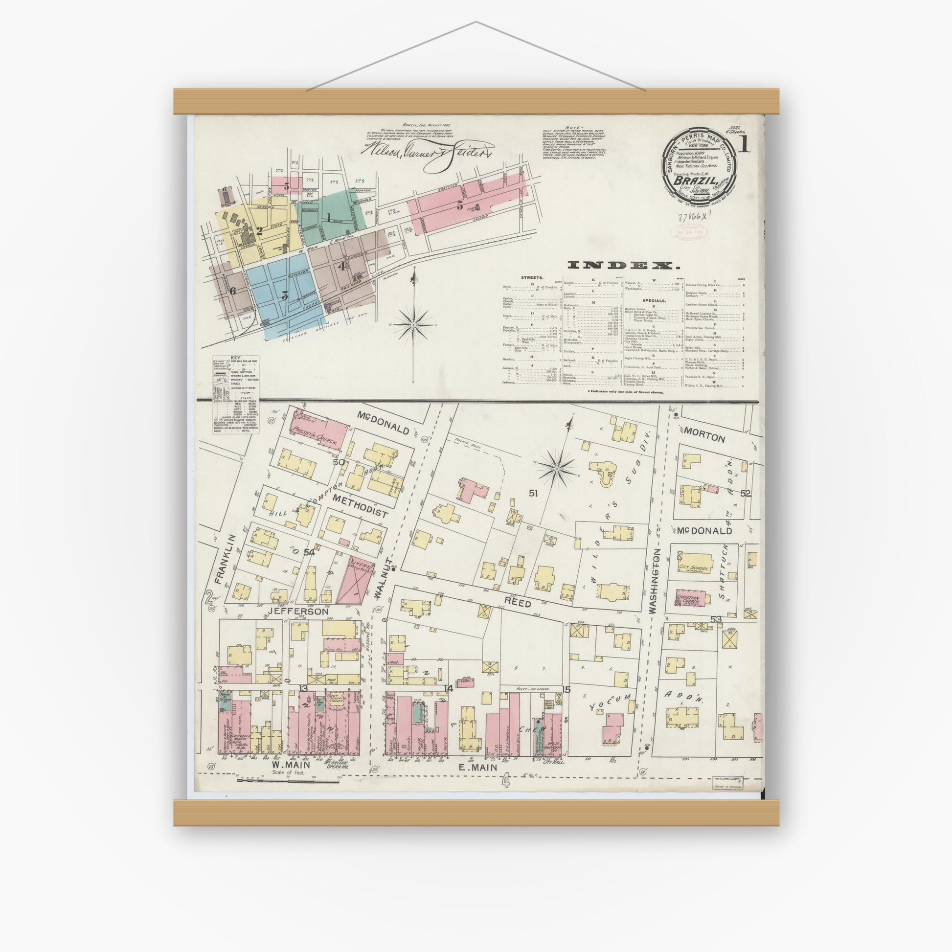 Old map wall art mockup — magnetic wood frame on white wall — Sanborn Fire Insurance Map from Brazil, Clay County, Indiana (1892) - Complete Map Set
