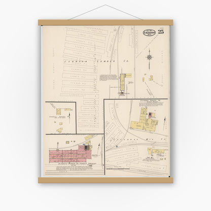 Old map wall art mockup — magnetic wood frame on white wall — Sanborn Fire Insurance Map from Escanaba, Delta County, Michigan (1921), Sheet #0025