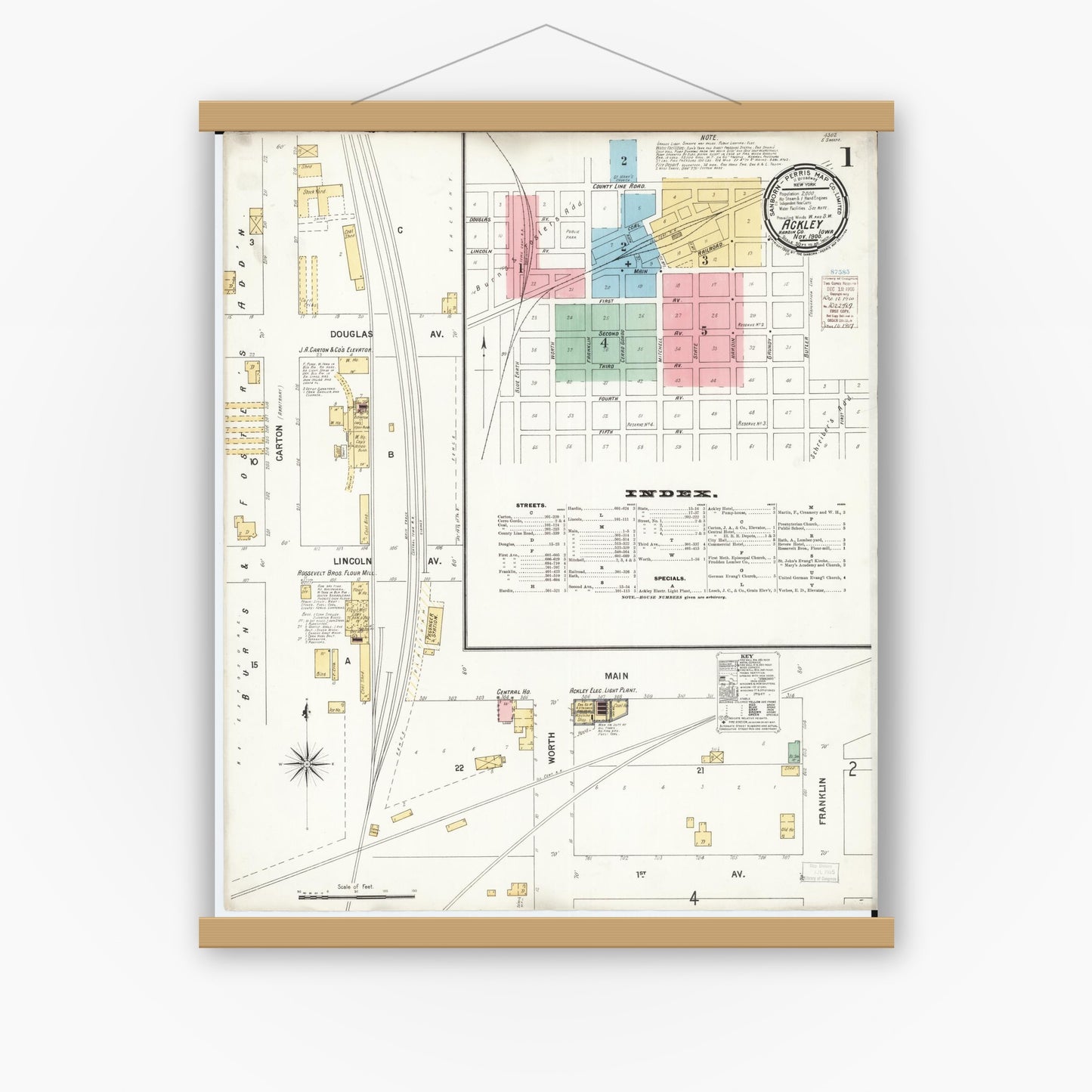 Old map wall art mockup — magnetic wood frame on white wall — Sanborn Fire Insurance Map from Ackley, Hardin and Franklin Counties, Iowa (1900) â€” Complete Set