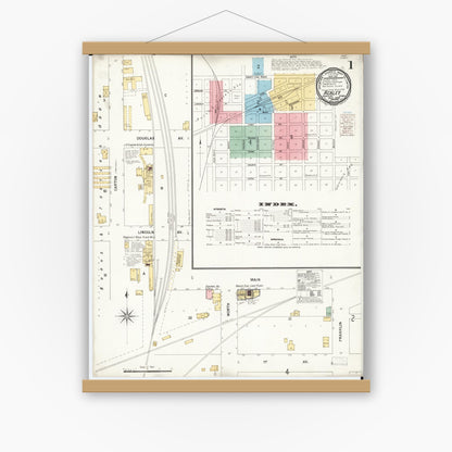 Old map wall art mockup — magnetic wood frame on white wall — Sanborn Fire Insurance Map from Ackley, Hardin and Franklin Counties, Iowa (1900) â€” Complete Set