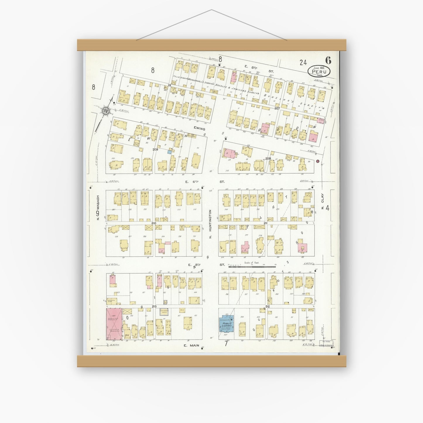 Old map wall art mockup — magnetic wood frame on white wall — Sanborn Fire Insurance Map from Peru, Miami County, Indiana (1912), Sheet #0006