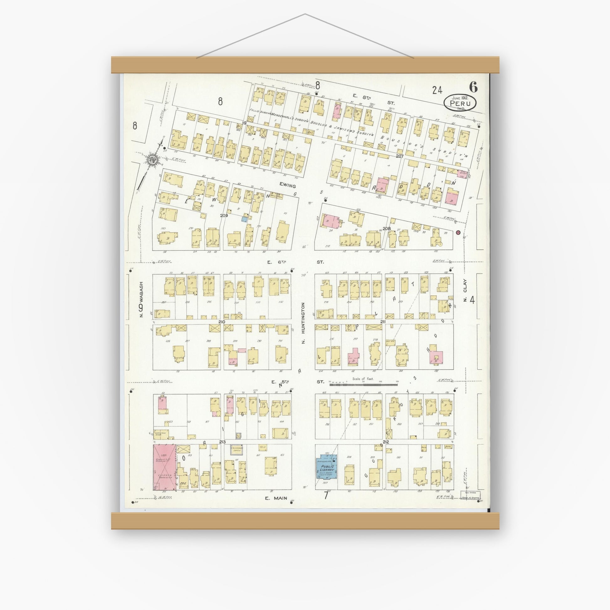 Old map wall art mockup — magnetic wood frame on white wall — Sanborn Fire Insurance Map from Peru, Miami County, Indiana (1912), Sheet #0006