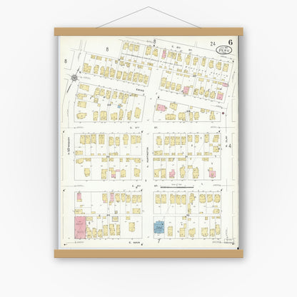 Old map wall art mockup — magnetic wood frame on white wall — Sanborn Fire Insurance Map from Peru, Miami County, Indiana (1912), Sheet #0006