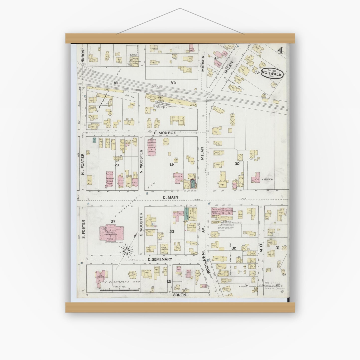 Old map wall art mockup — magnetic wood frame on white wall — Sanborn Fire Insurance Map from Norwalk, Huron County, Ohio (1888), Sheet #0004
