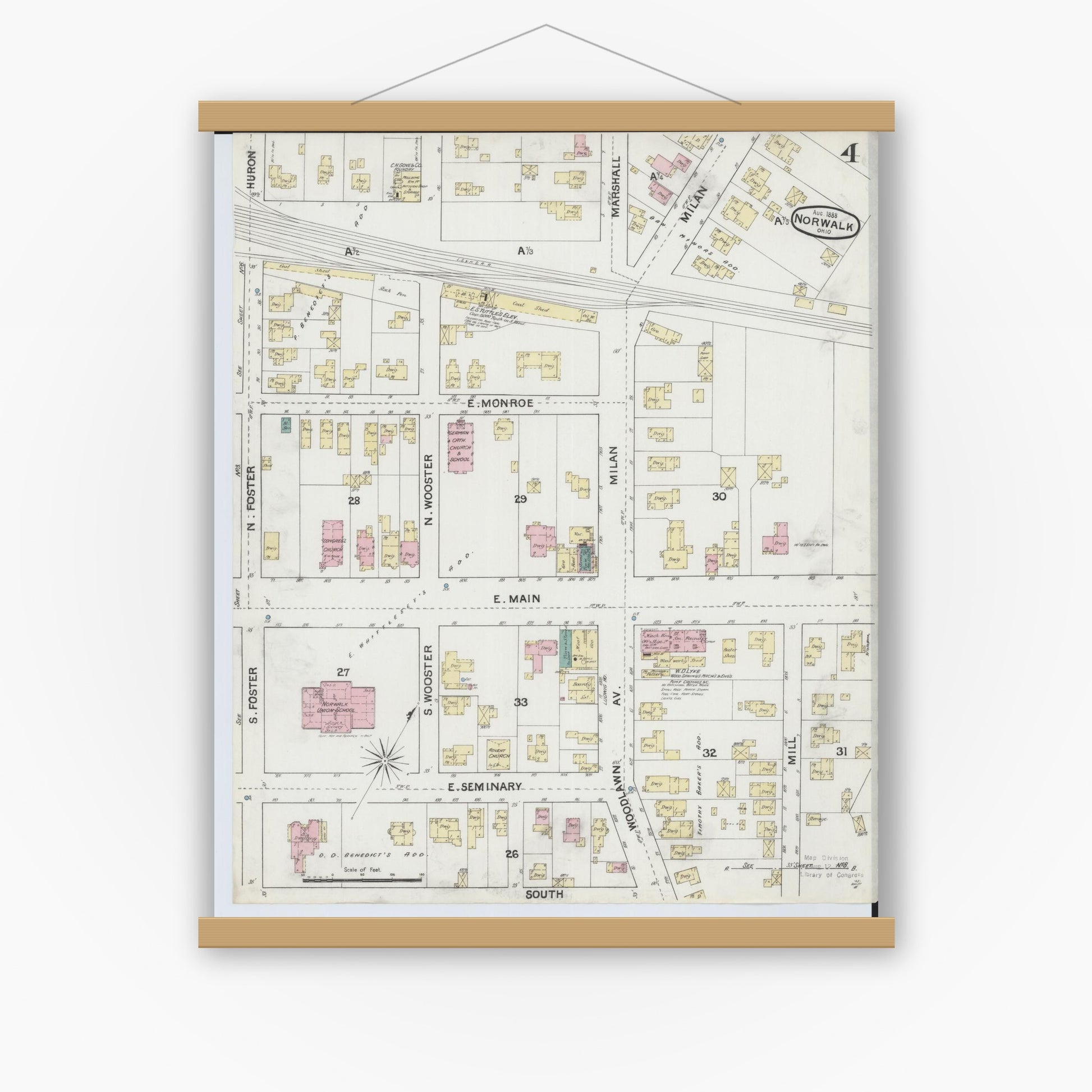 Old map wall art mockup — magnetic wood frame on white wall — Sanborn Fire Insurance Map from Norwalk, Huron County, Ohio (1888), Sheet #0004