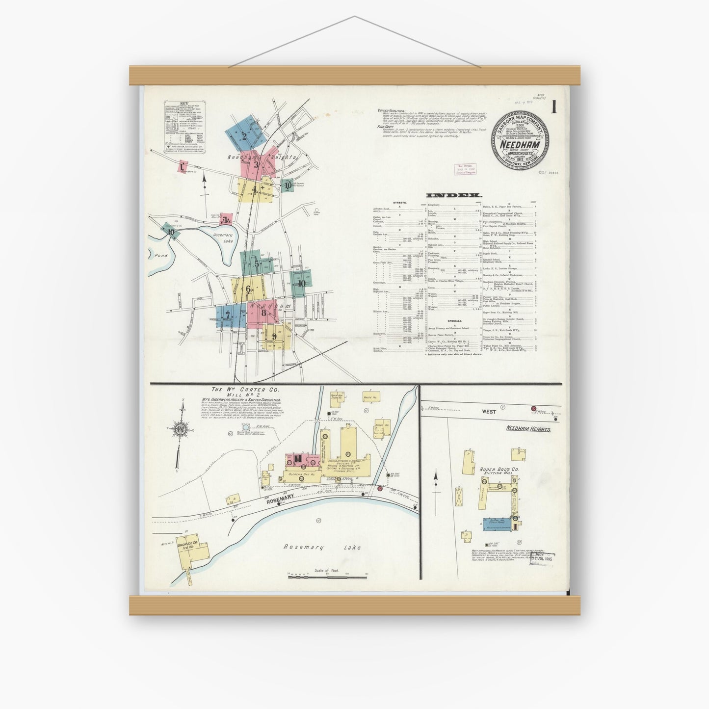 Old map wall art mockup — magnetic wood frame on white wall — Sanborn Fire Insurance Map from Needham, Norfolk County, Massachusetts (1912) - Complete Map Set