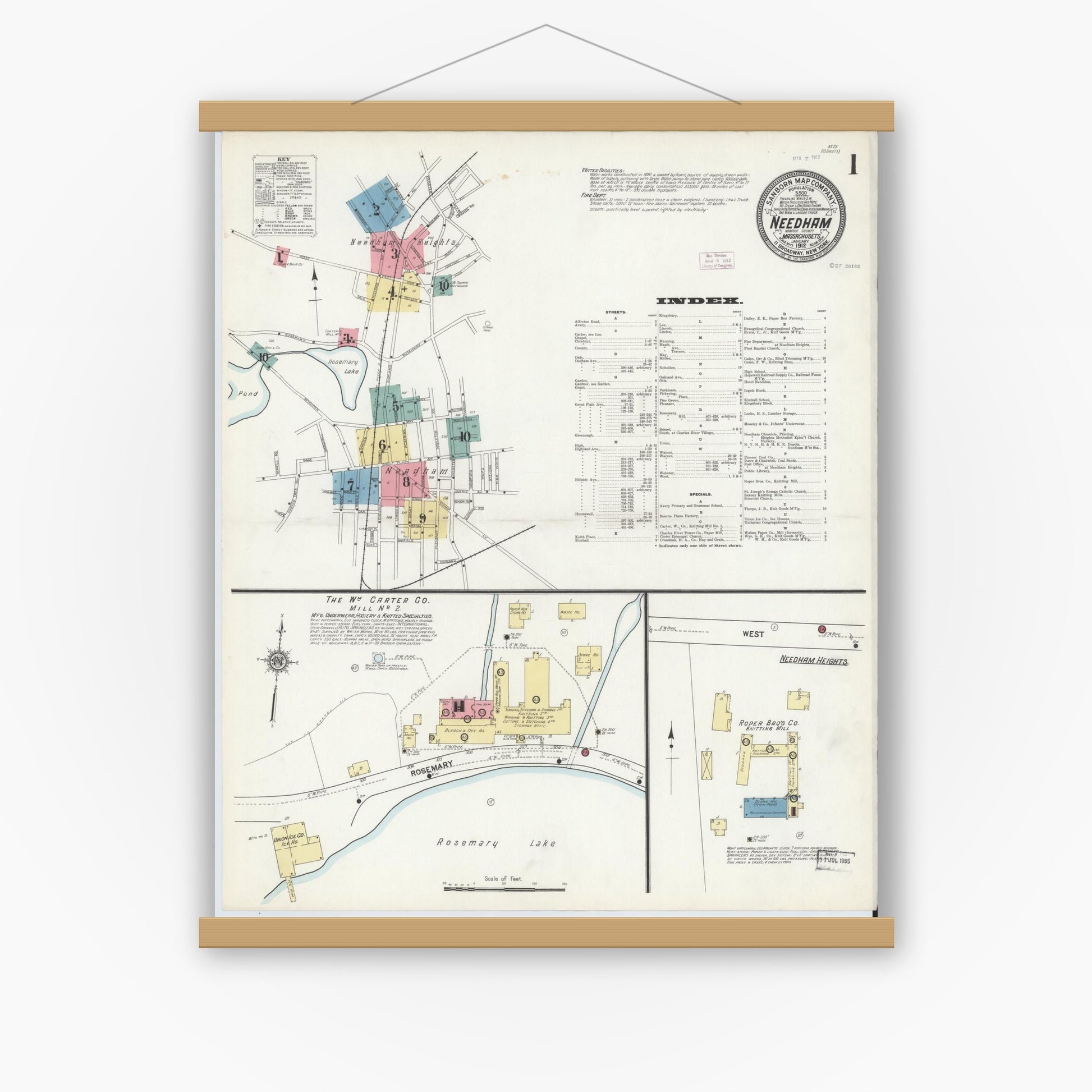 Old map wall art mockup — magnetic wood frame on white wall — Sanborn Fire Insurance Map from Needham, Norfolk County, Massachusetts (1912) - Complete Map Set