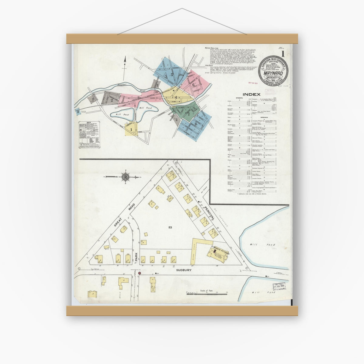Old map wall art mockup — magnetic wood frame on white wall — Sanborn Fire Insurance Map from Maynard, Middlesex County, Massachusetts (1910) - Complete Map Set
