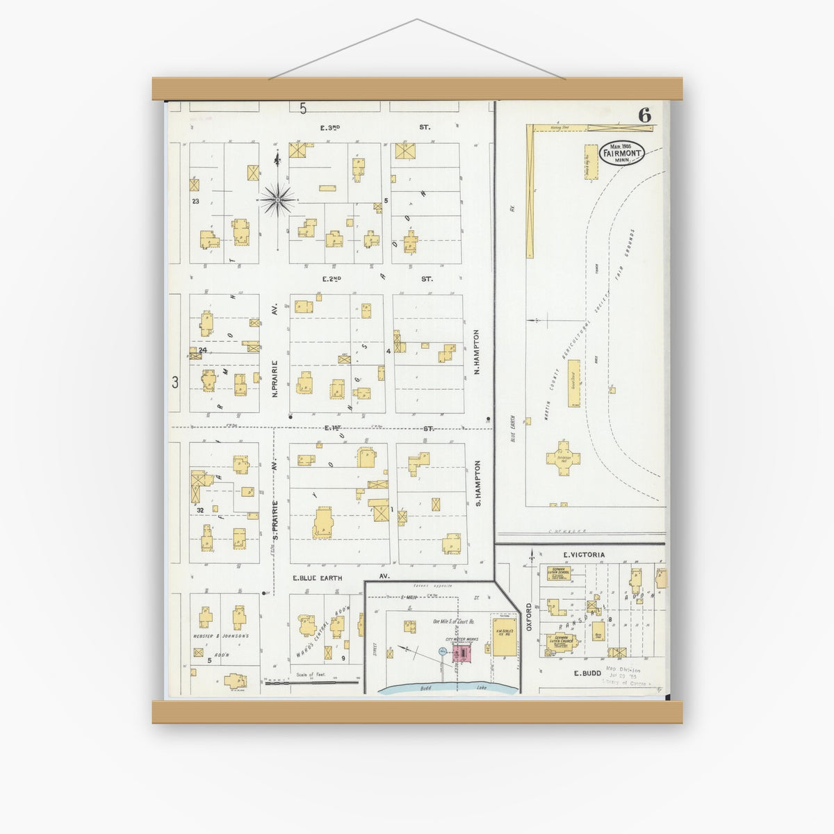 Old map wall art mockup — magnetic wood frame on white wall — Sanborn Fire Insurance Map from Fairmont, Martin County, Minnesota (1905), Sheet #0006
