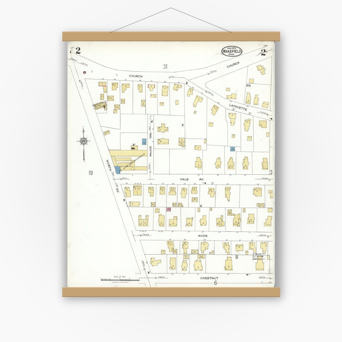 Old map wall art mockup — magnetic wood frame on white wall — Sanborn Fire Insurance Map from Wakefield, Middlesex County, Massachusetts (1923), Sheet #0002