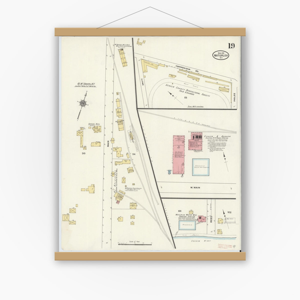 Old map wall art mockup — magnetic wood frame on white wall — Sanborn Fire Insurance Map from Waterloo, Seneca County, New York (1911), Sheet #0019