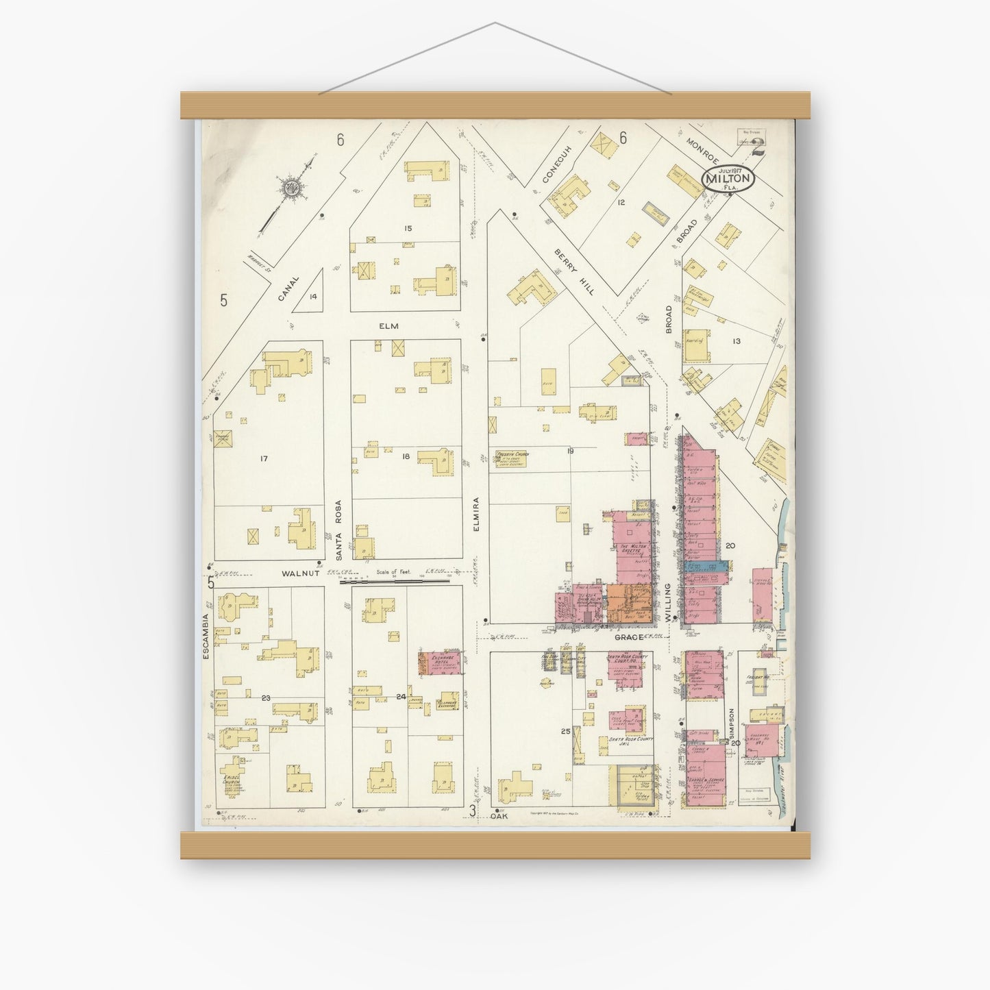 Old map wall art mockup — magnetic wood frame on white wall — Sanborn Fire Insurance Map from Milton, Santa Rosa County, Florida (1917), Sheet #0002