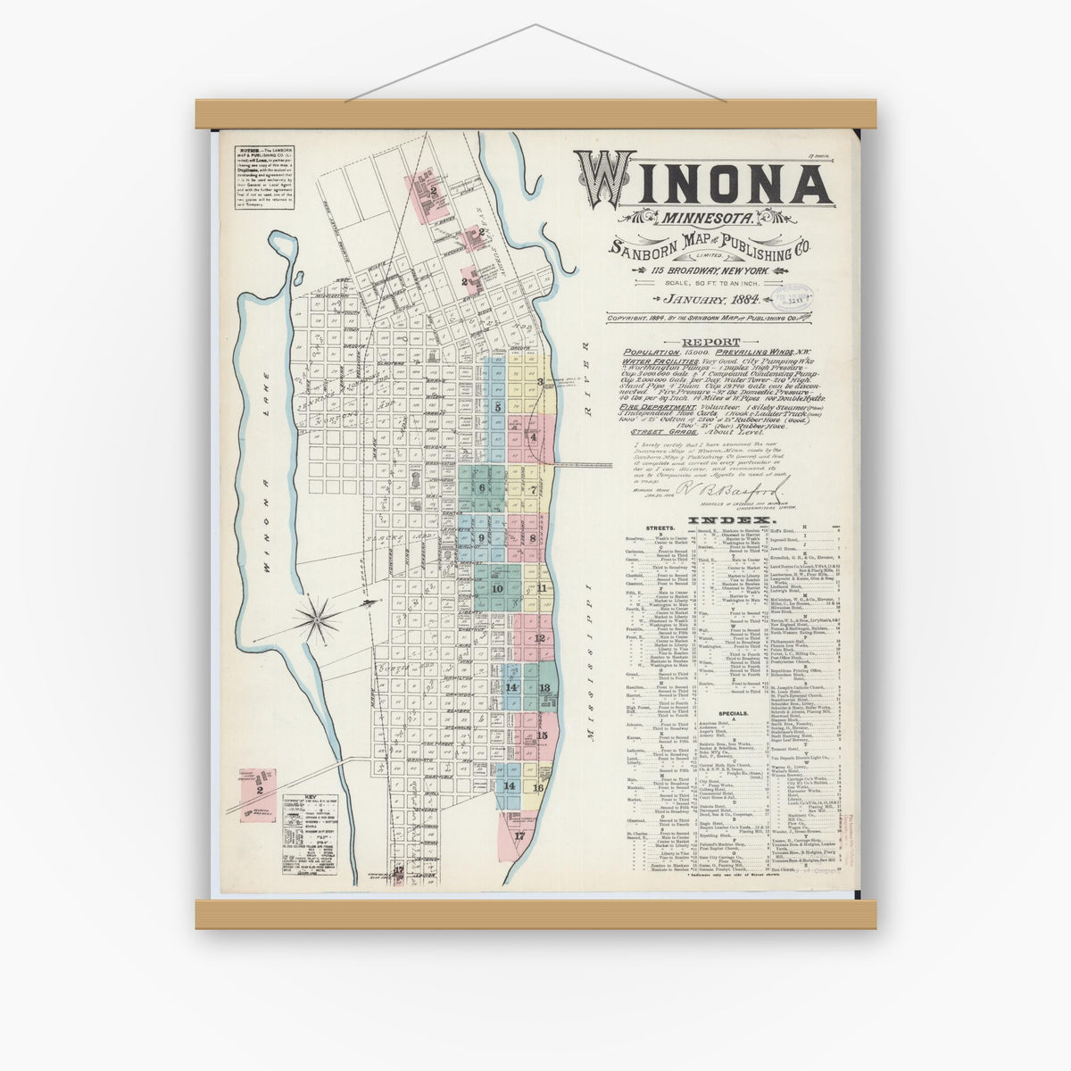 Old map wall art mockup — magnetic wood frame on white wall — Sanborn Fire Insurance Map from Winona, Winona County, Minnesota (1884), Sheet #0001