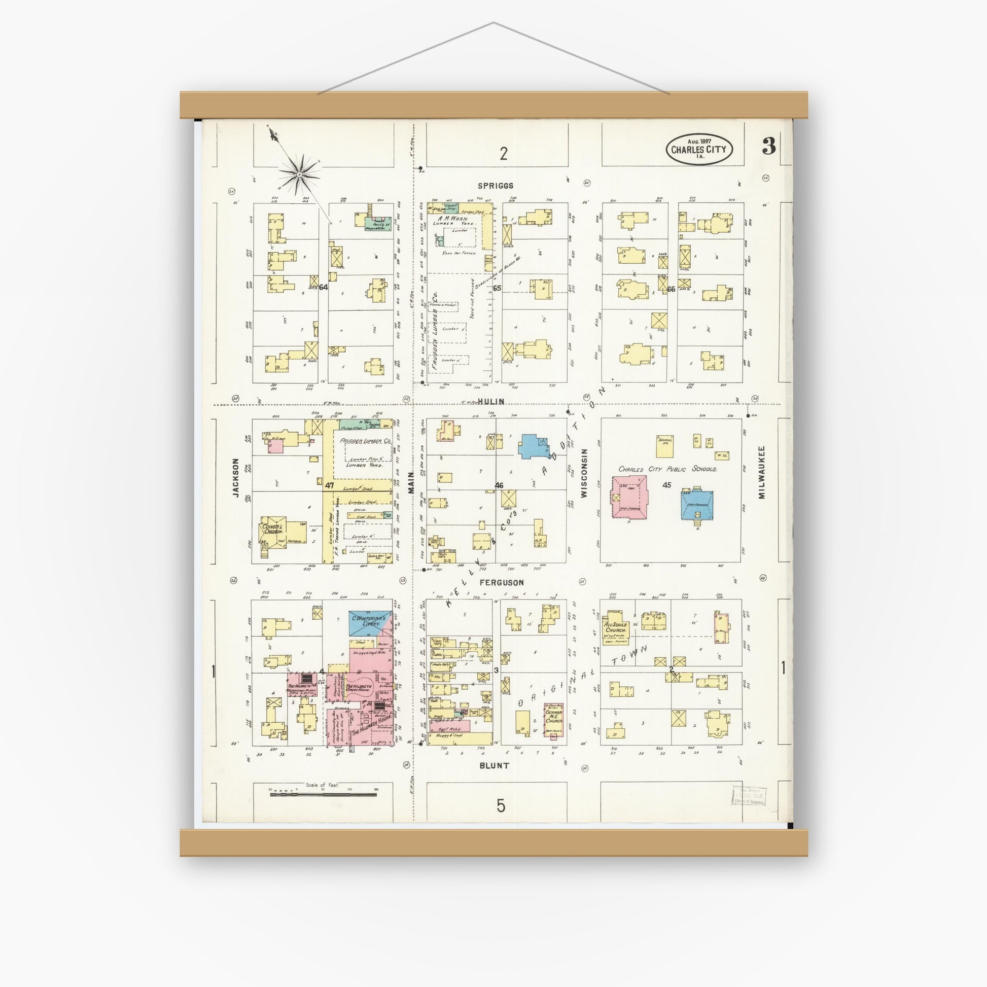 Old map wall art mockup — magnetic wood frame on white wall — Sanborn Fire Insurance Map from Charles City, Floyd County, Iowa (1897), Sheet #0003