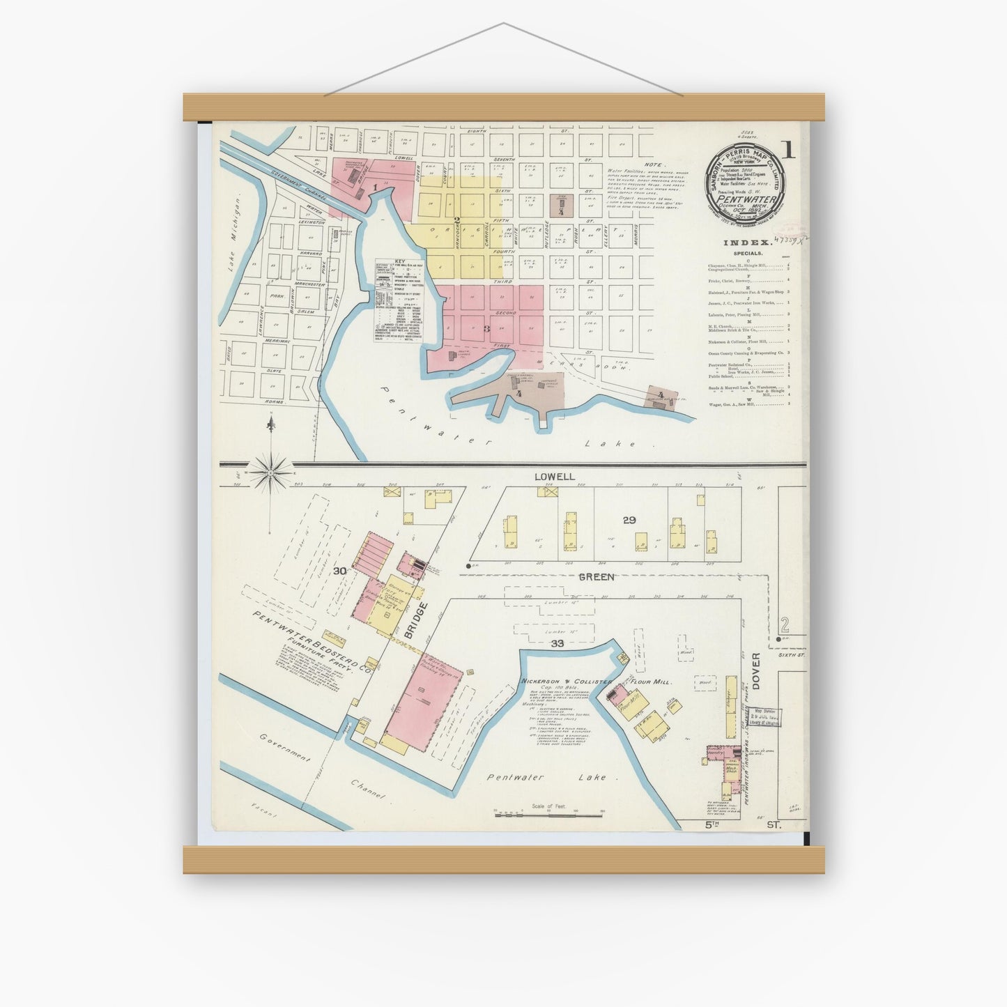 Old map wall art mockup — magnetic wood frame on white wall — Sanborn Fire Insurance Map from Pentwater, Oceana County, Michigan (1892) - Complete Map Set