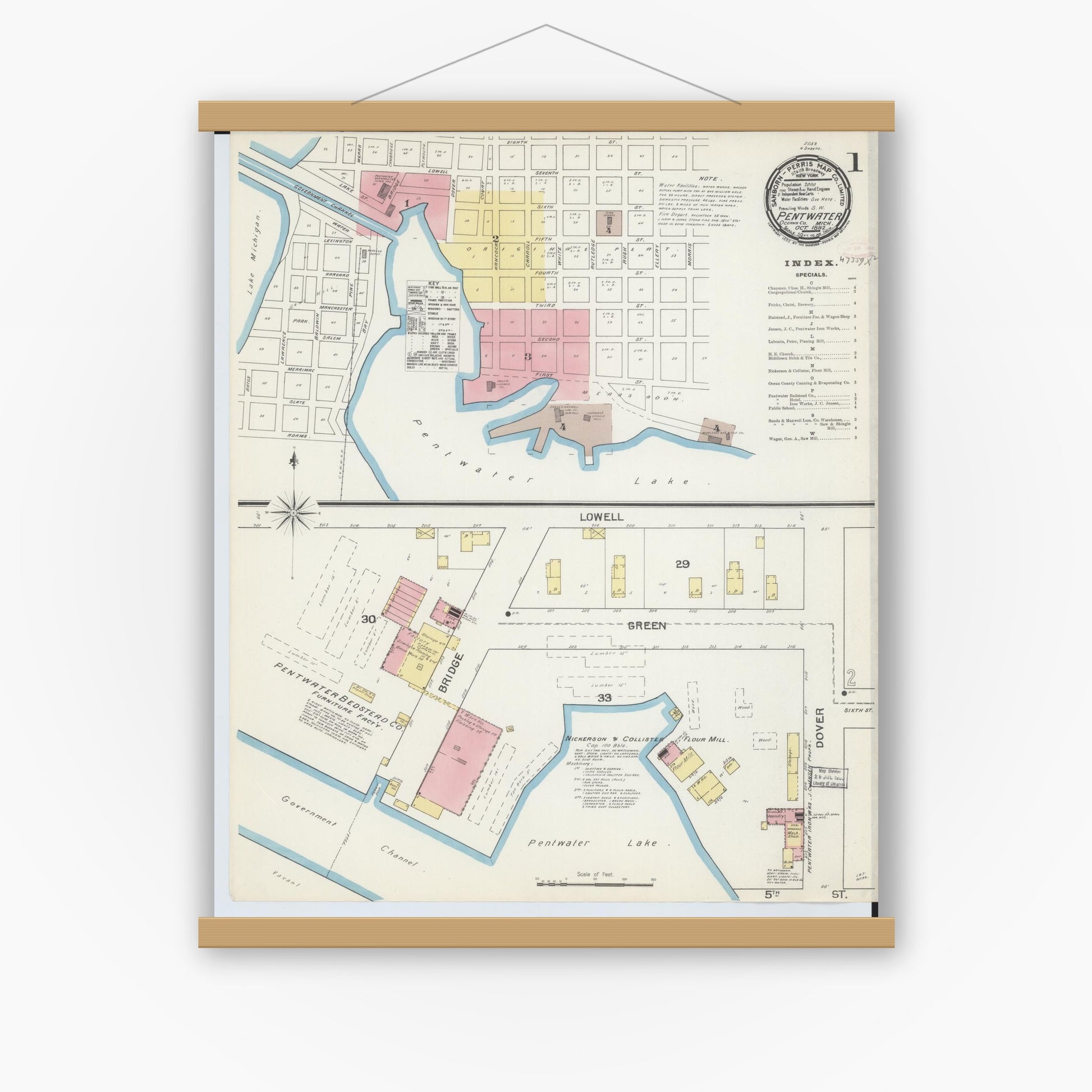 Old map wall art mockup — magnetic wood frame on white wall — Sanborn Fire Insurance Map from Pentwater, Oceana County, Michigan (1892) - Complete Map Set