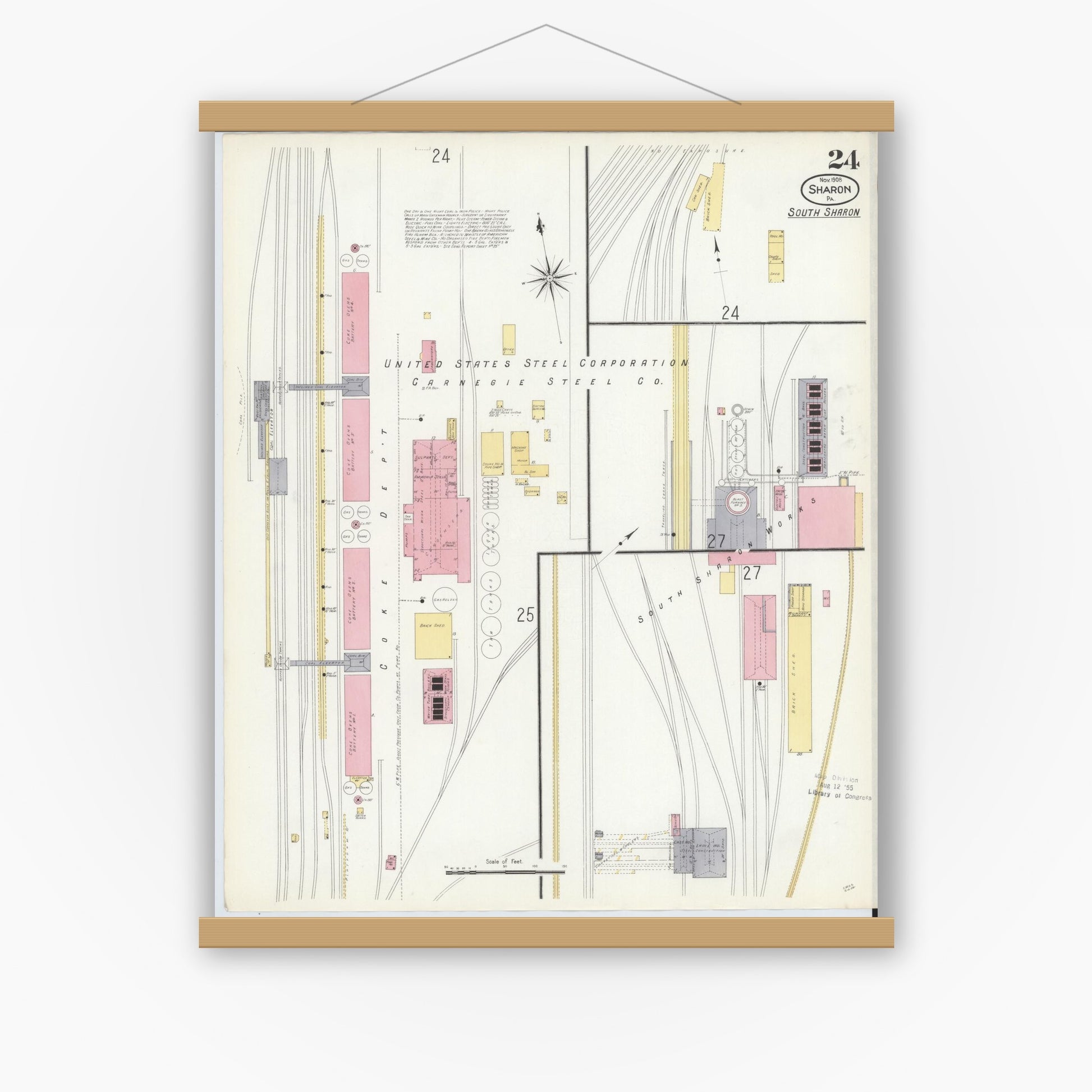 Old map wall art mockup — magnetic wood frame on white wall — Sanborn Fire Insurance Map from Sharon, Mercer County, Pennsylvania (1908), Sheet #0024