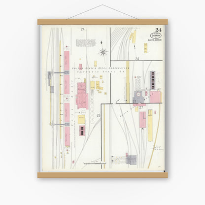 Old map wall art mockup — magnetic wood frame on white wall — Sanborn Fire Insurance Map from Sharon, Mercer County, Pennsylvania (1908), Sheet #0024