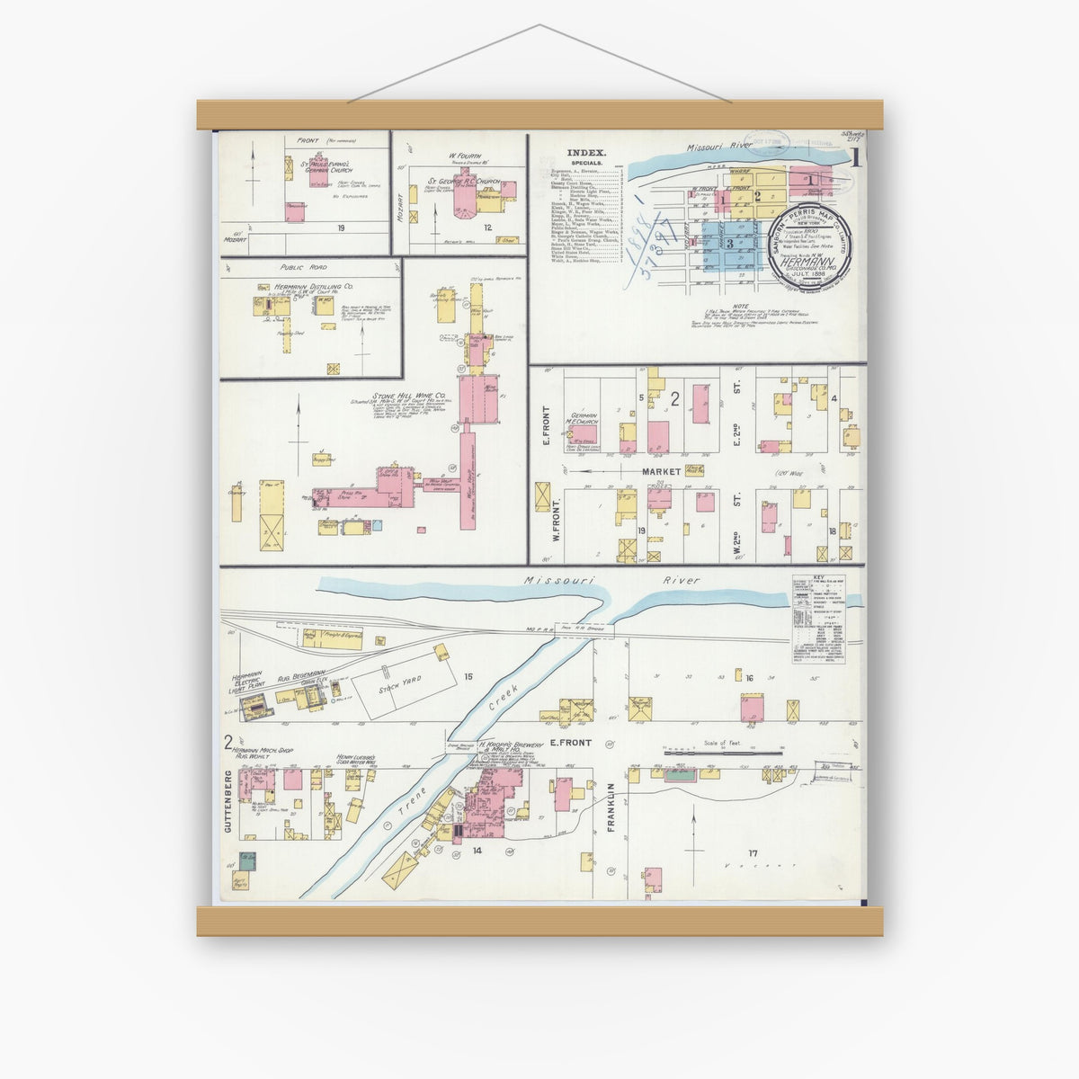 Old map wall art mockup — magnetic wood frame on white wall — Sanborn Fire Insurance Map from Hermann, Gasconade County, Missouri (1898), Sheet #0001
