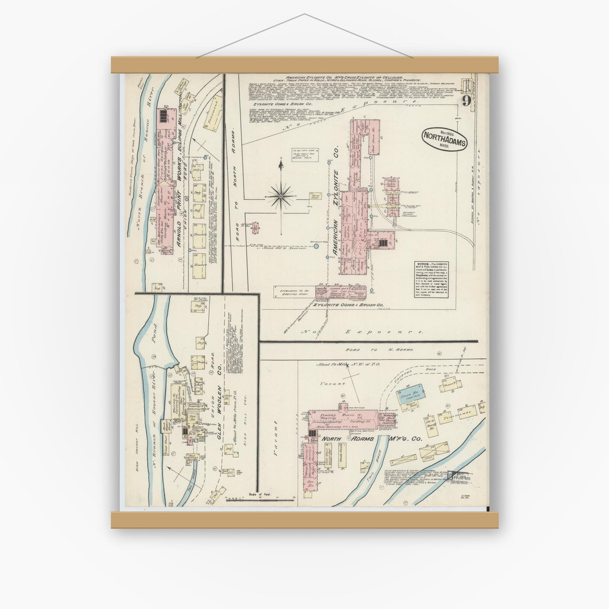 Old map wall art mockup — magnetic wood frame on white wall — Sanborn Fire Insurance Map from North Adams, Berkshire County, Massachusetts (1884), Sheet #0009
