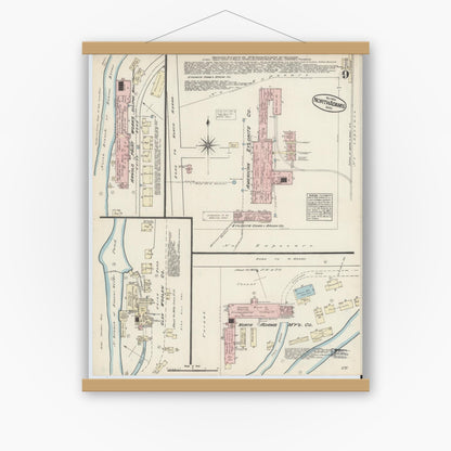 Old map wall art mockup — magnetic wood frame on white wall — Sanborn Fire Insurance Map from North Adams, Berkshire County, Massachusetts (1884), Sheet #0009