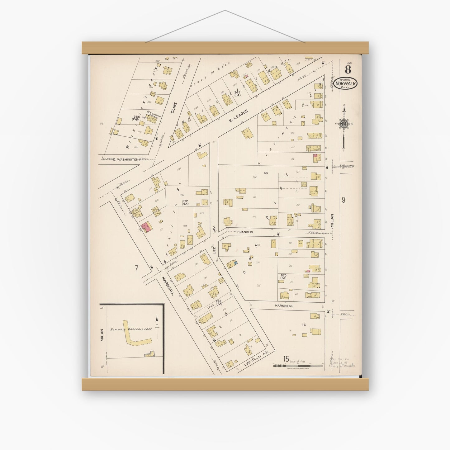 Old map wall art mockup — magnetic wood frame on white wall — Sanborn Fire Insurance Map from Norwalk, Huron County, Ohio (1922), Sheet #0008