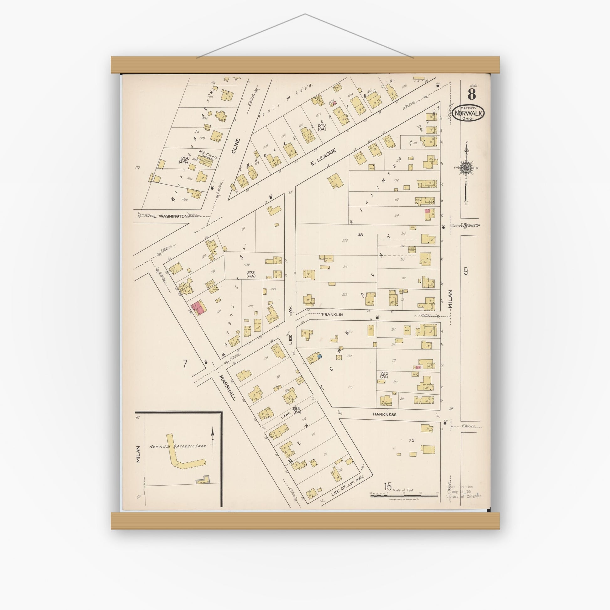 Old map wall art mockup — magnetic wood frame on white wall — Sanborn Fire Insurance Map from Norwalk, Huron County, Ohio (1922), Sheet #0008