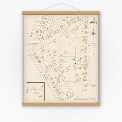 Old map wall art mockup — magnetic wood frame on white wall — Sanborn Fire Insurance Map from Norwalk, Huron County, Ohio (1922), Sheet #0008