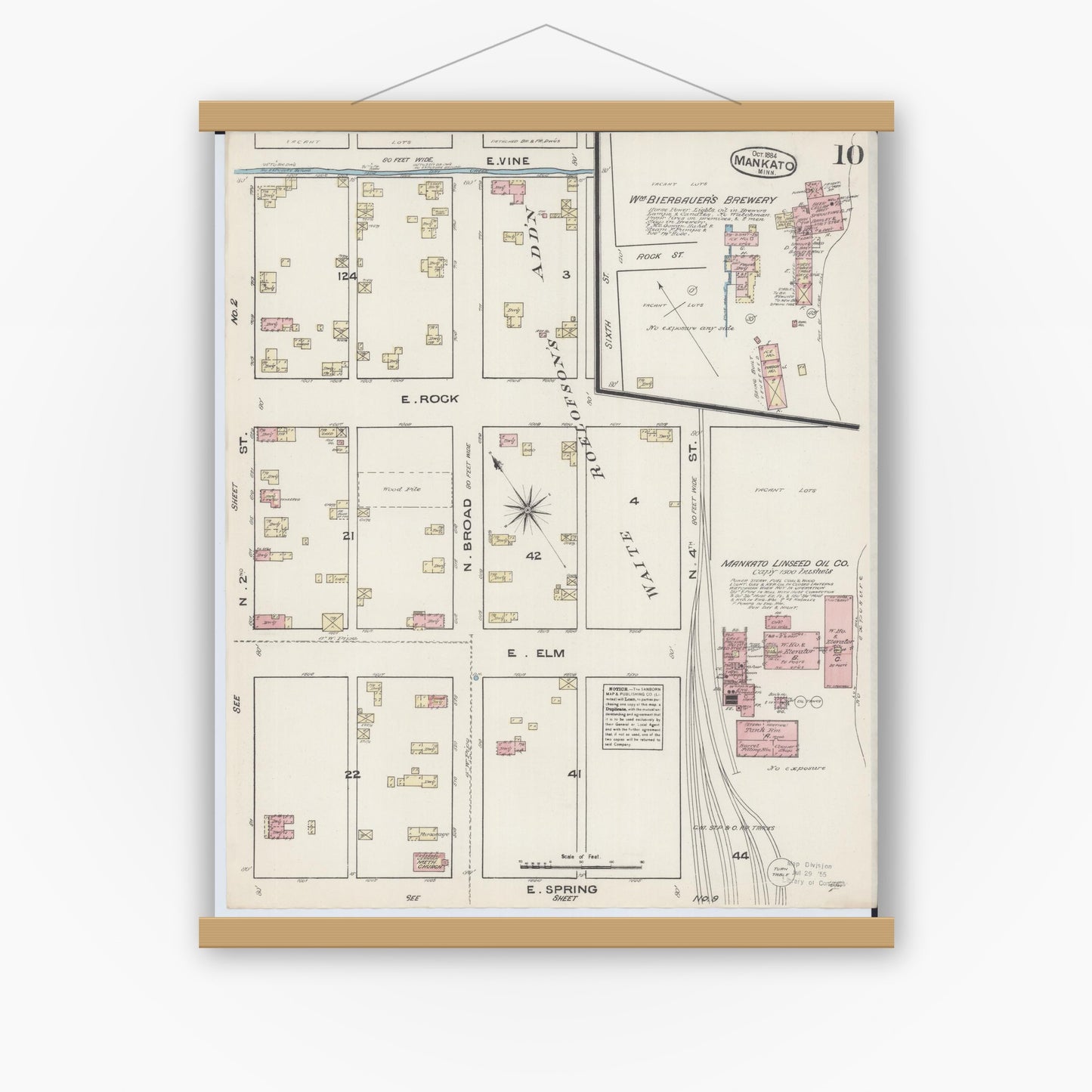 Old map wall art mockup — magnetic wood frame on white wall — Sanborn Fire Insurance Map from Mankato, Blue Earth County, Minnesota (1884), Sheet #0010